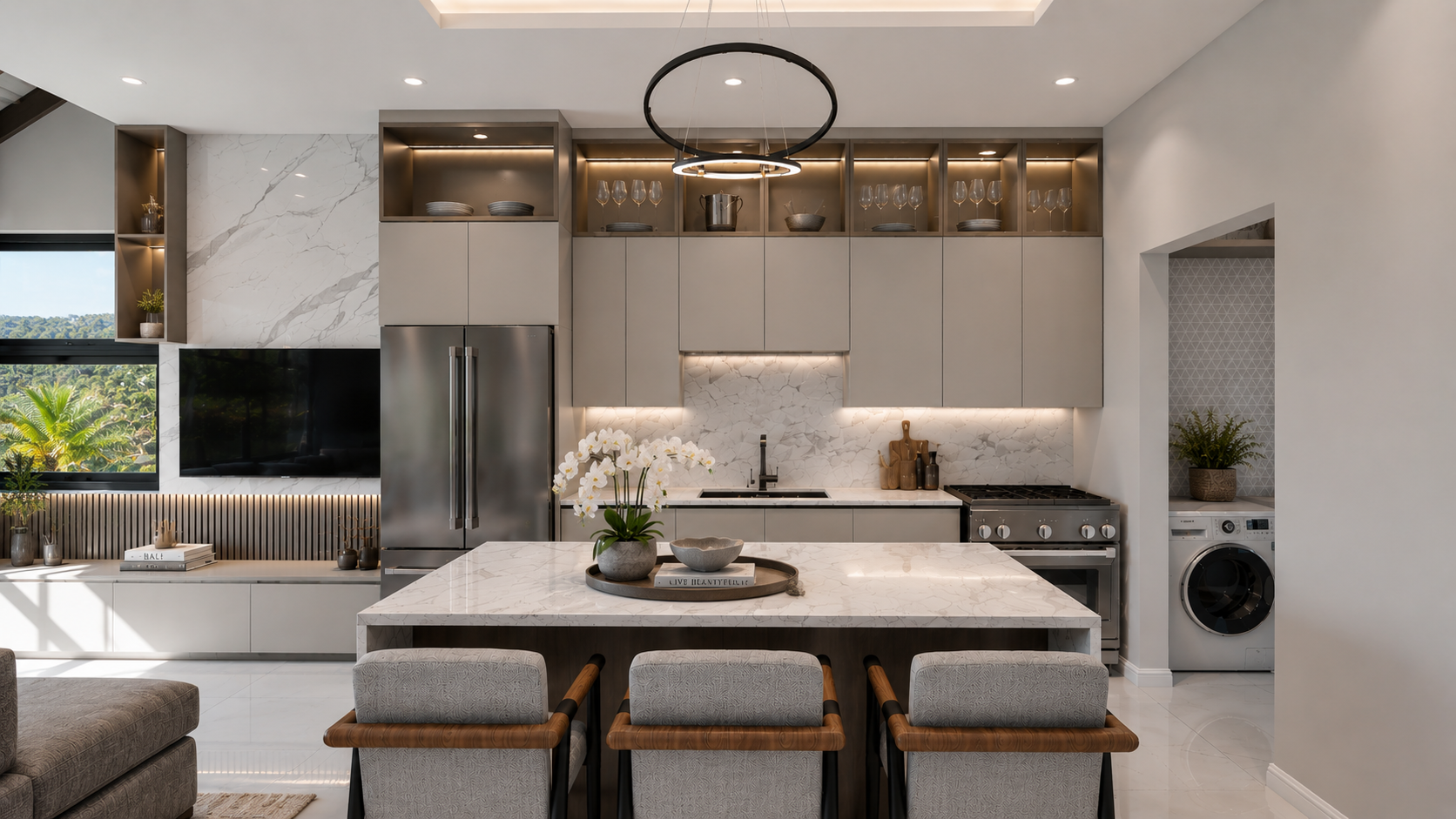 The Summit penthouse open-plan kitchen and dining area, daytime